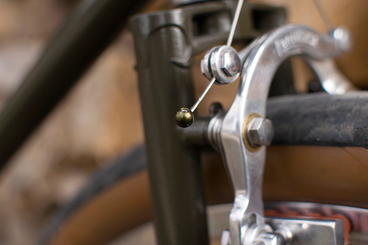 Close-up of a bicycle brake lever and caliper with an Eastern Green cable cherry.