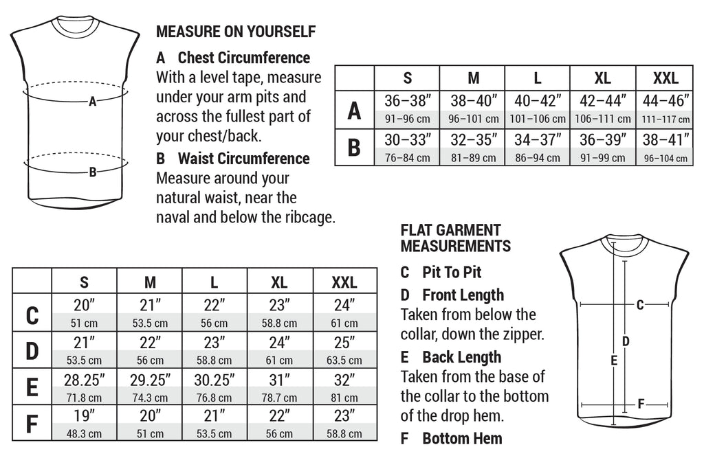 Measurement charts for Campandgoslow and Cima Coppi Ventile Vests.