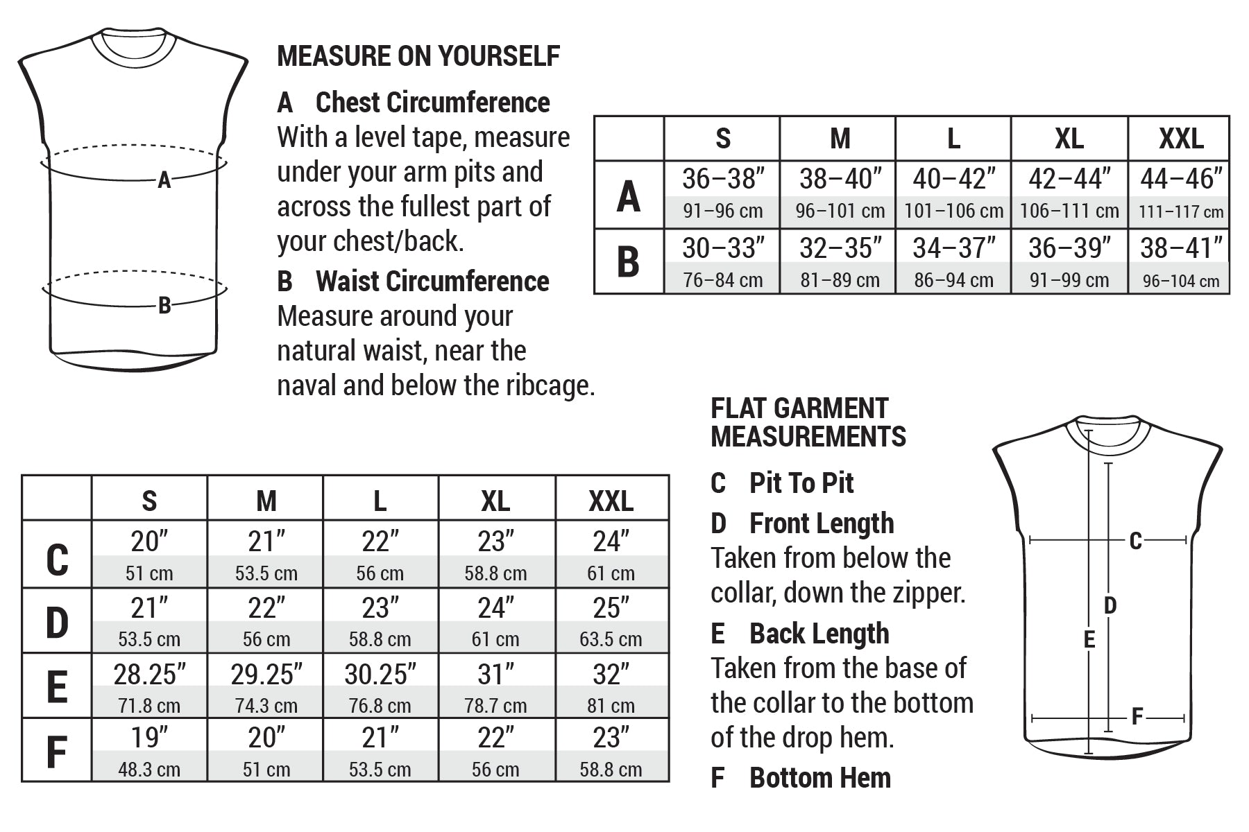 Measurement charts for Campandgoslow and Cima Coppi Ventile Vests.