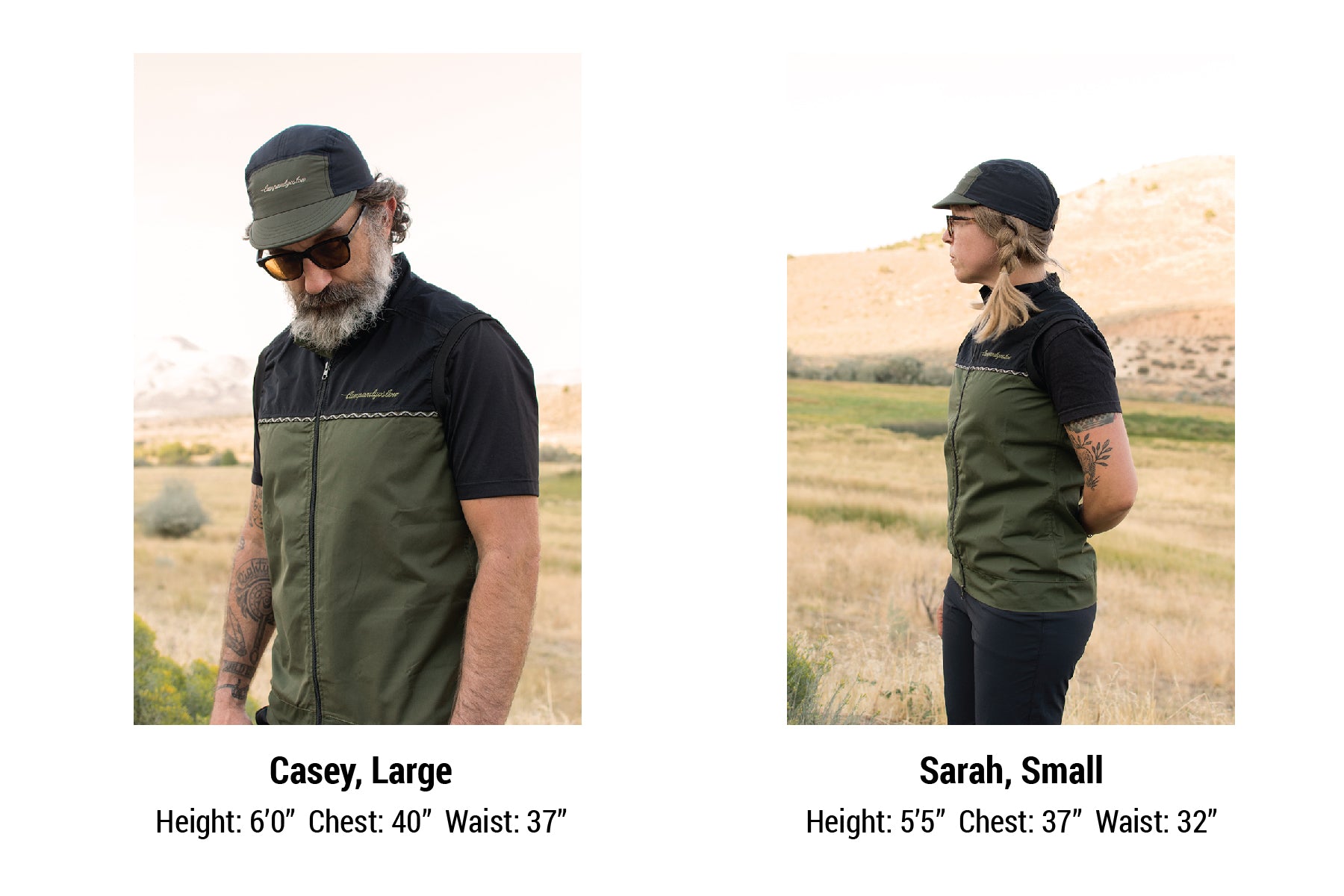 Two people wearing green and black ventile vests with measurements displayed.