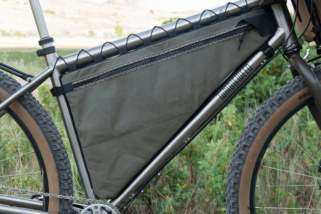 Full Triangle frame bag detail in olive X-Pac, fitted to the front triangle