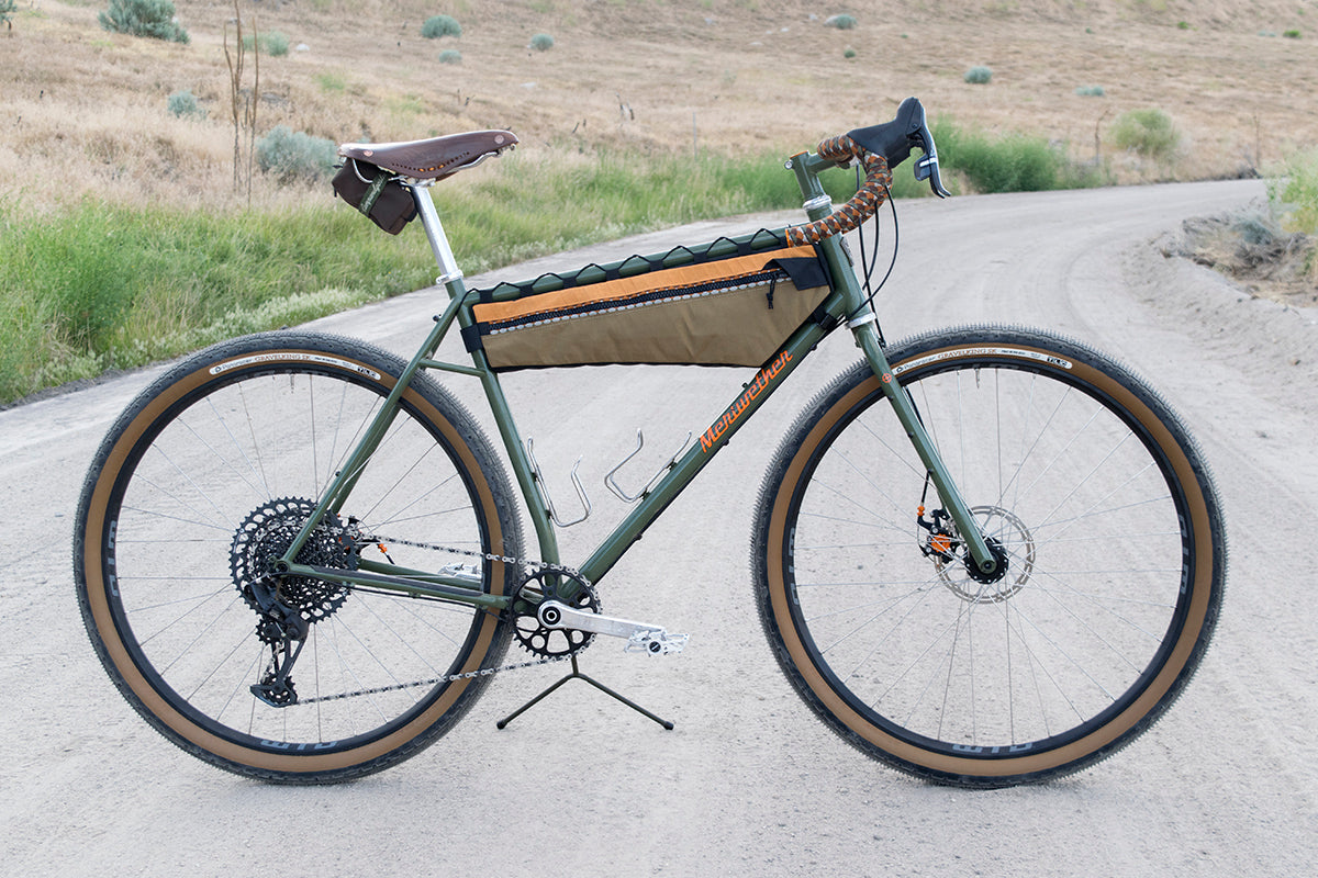 Half custom frame bag fitted to a gravel bike